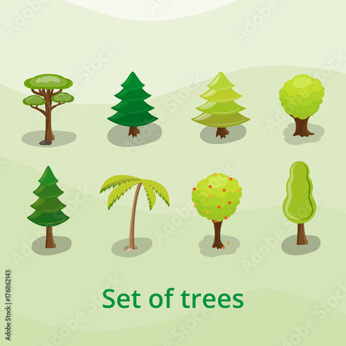 Flat green trees vector illustration set. Fir-tree, palm, oak, pine, coconut; fruit garden and forest icons. Nature concept.