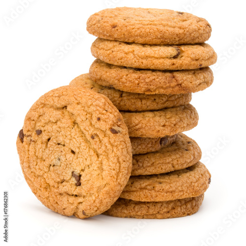 Stacked Chocolate chip cookies isolated on white background. Sweet biscuits. Homemade pastry.