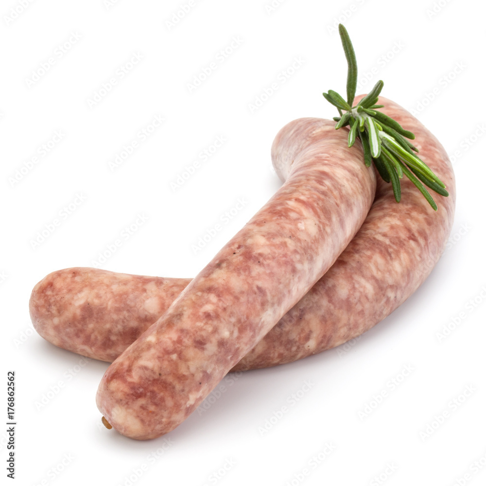 Raw sausage with rosemary leaf isolated on white background Raw sausage with rosemary leaf isolated on white background