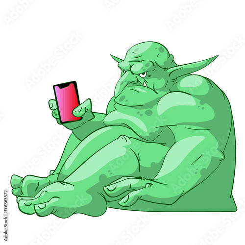 Colorful vector illustration of a big fat green and grumpy internet troll