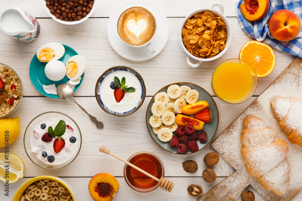 Continental breakfast menu on woden table Continental breakfast menu on woden table