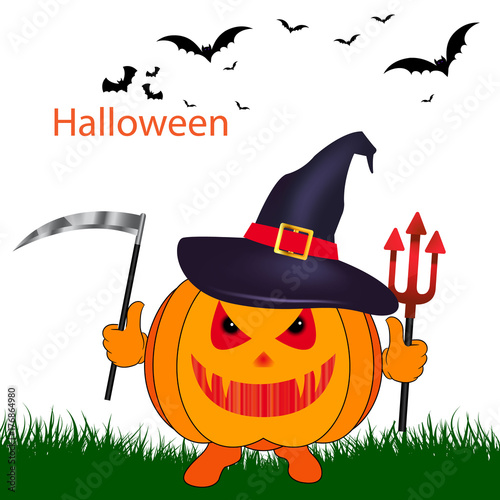 Holiday Halloween, pumpkin with a scythe in a hat, on a white background.