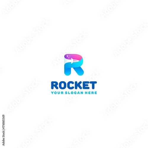 Rocket logo. Colorful R letter with rocket and stars in the negative space.