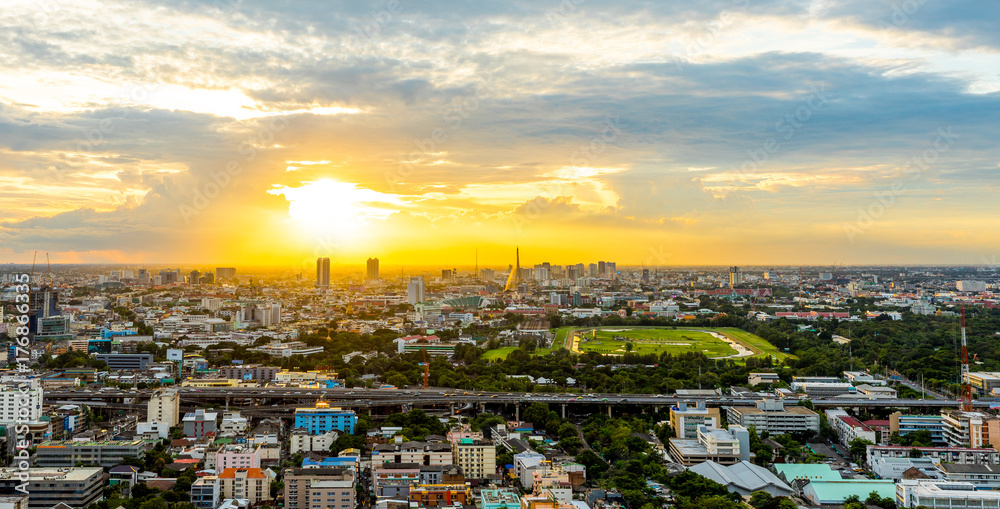 Aerial view of Bangkok modern buildings, Modern architecture, Cityscape at Bangkok city, Thailand with sunset
