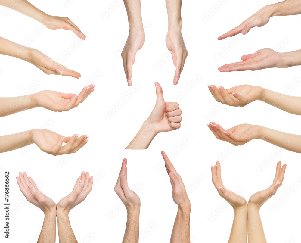 Set of white male hands showing symbols Set of white male hands showing symbols
