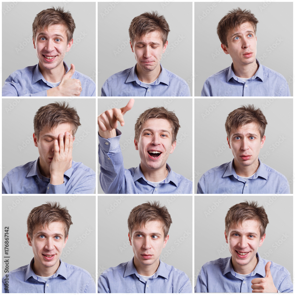 Set of nine pictures of pretty young man with different gestures and emotions Set of nine pictures of pretty young man with different gestures and emotions