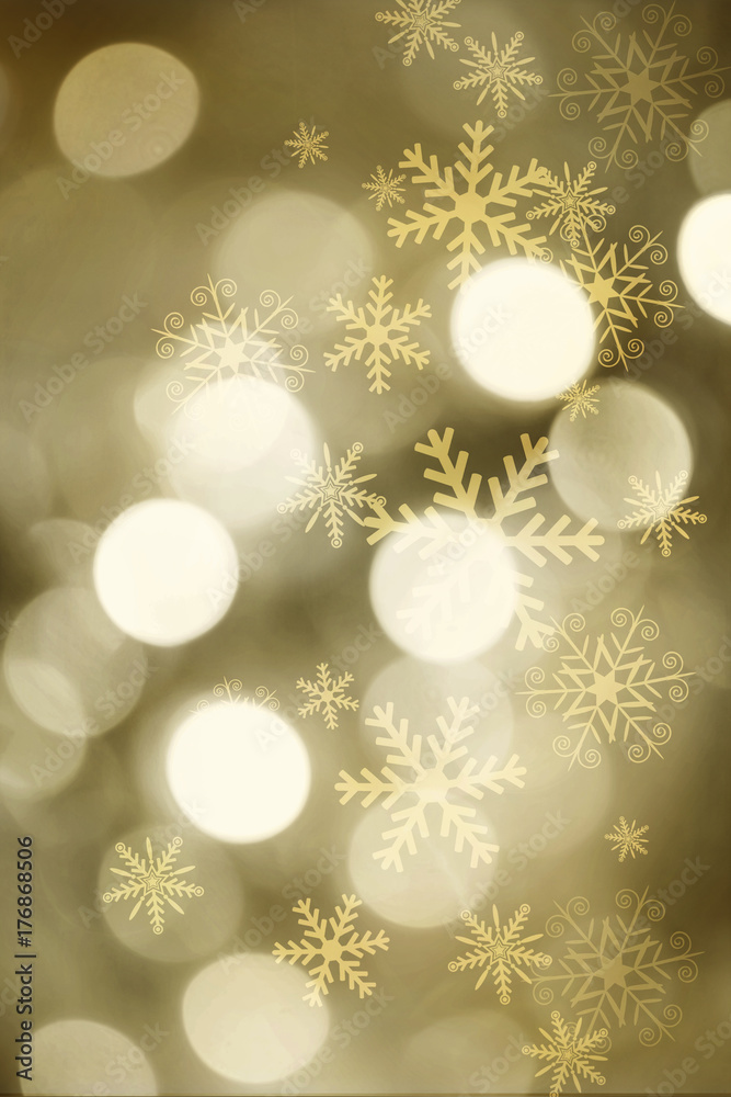 Golden blurred bokeh lights for Christmas and New Year celebration. Magical abstract glittery backgroun with falling snowflakes.