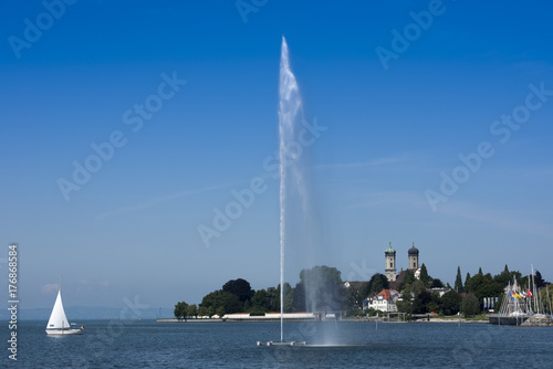 Water fountain, marina and castle church in Friedrichshafen at Lake Constance - Friedrichshafen, Lake Constance, Baden-Wuerttemberg, Germany, Europe