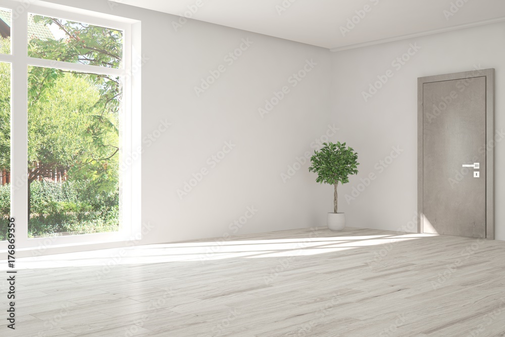 White empty room with summer landscape in window. Scandinavian interior design. 3D illustration White empty room with summer landscape in window. Scandinavian interior design. 3D illustration
