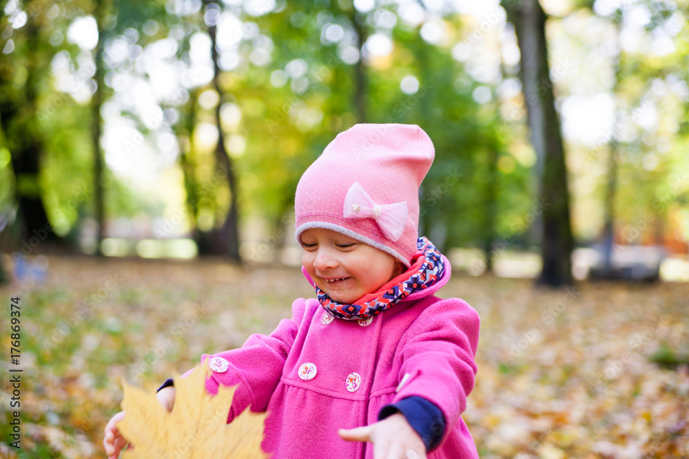 happy little child, baby girl laughing and playing in the park at autumn on the nature walk outdoors happy little child, baby girl laughing and playing in the park at autumn on the nature walk outdoors