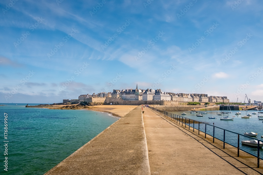 St Malo, Panorama Seaside View over the walled city Saint-Malo medieval privateers fortress and St Vincent Cathedral, Brittany, France St Malo, Panorama Seaside View over the walled city Saint-Malo medieval privateers fortress and St Vincent Cathedral, Brittany, France