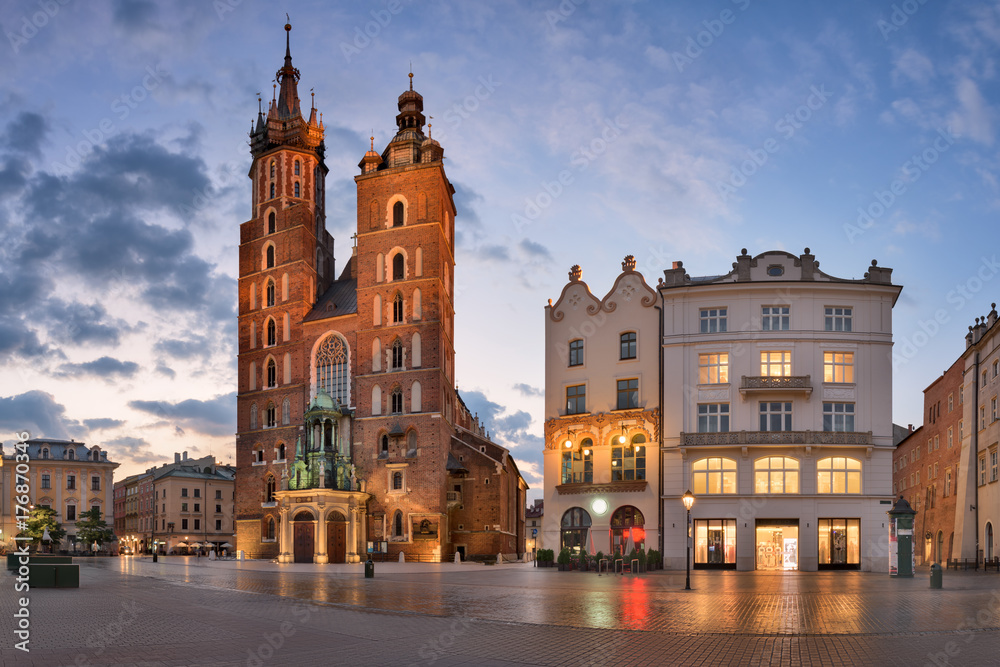 Panorama of Saint Mary Basilica in the Morning, Krakow, Poland