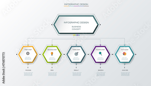 Vector infographics timeline design with label design and icons, 5 options or steps. Can be used for content, business, process infographics, diagram chart, flowchart, process diagram, time line