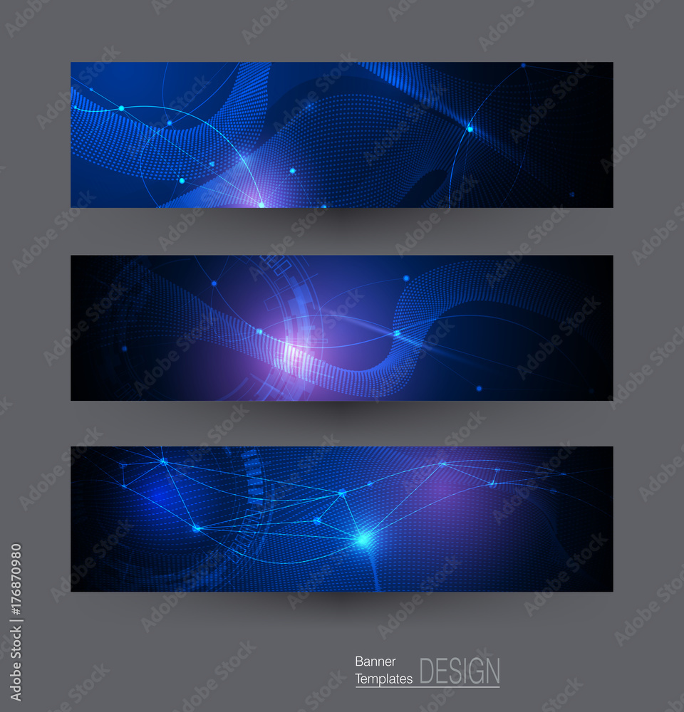 Abstract Molecules and 3D Mesh with Eye ball circles, Lines, wavy pattern over dark blue color background. Science, futuristic, energy technology concept. Vector background for web banner template