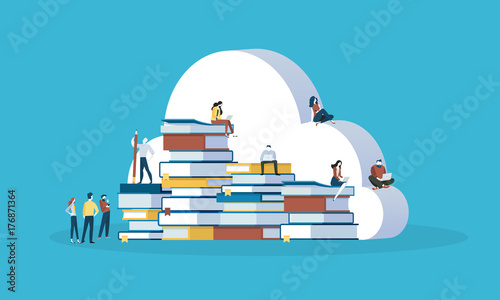 Flat design style web banner for online education, knowledge base, education cloud, ebooks. Vector illustration concept for web design, marketing, and print material.