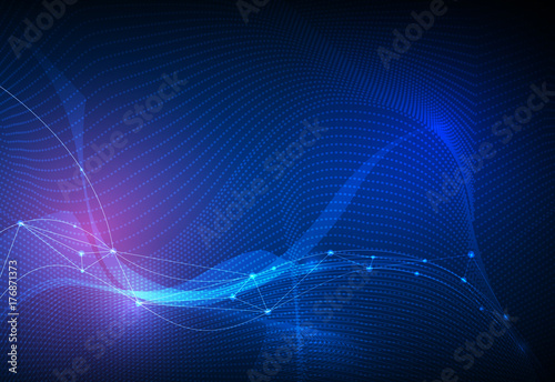 Illustration Abstract Molecules and 3D Mesh with light effect, wave lines, wavy pattern. Vector design communication technology on blue background. Futuristic- digital technology concept