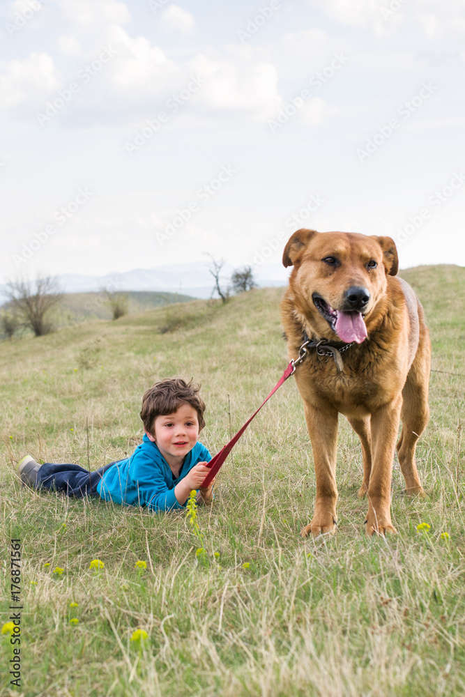 Young kid lying in the grass with his dog next to him Young kid lying in the grass with his dog next to him