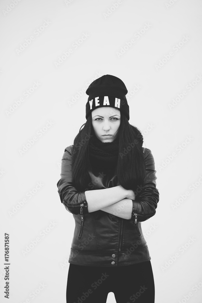 young woman on the white background wearing hat with text yeah young woman on the white background wearing hat with text yeah