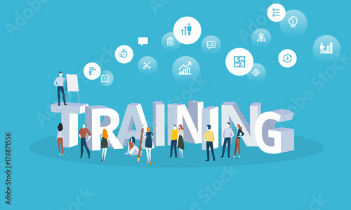 Flat design style web banner for training courses, staff training, online education, specialization, retraining. Vector illustration concept for web design, marketing, and print material.