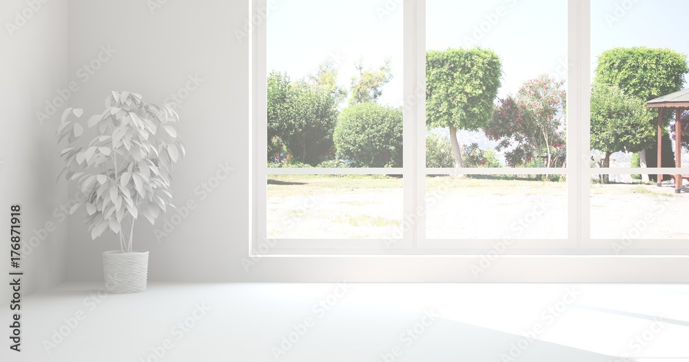 White empty room with summer landscape in window. Scandinavian interior design. 3D illustration White empty room with summer landscape in window. Scandinavian interior design. 3D illustration