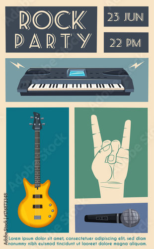 Rock music poster. Old school party. Cartoon vector illustration.