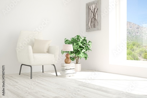 Idea of white room with armchair and summer landscape in window. Scandinavian interior design. 3D illustration © AntonSh