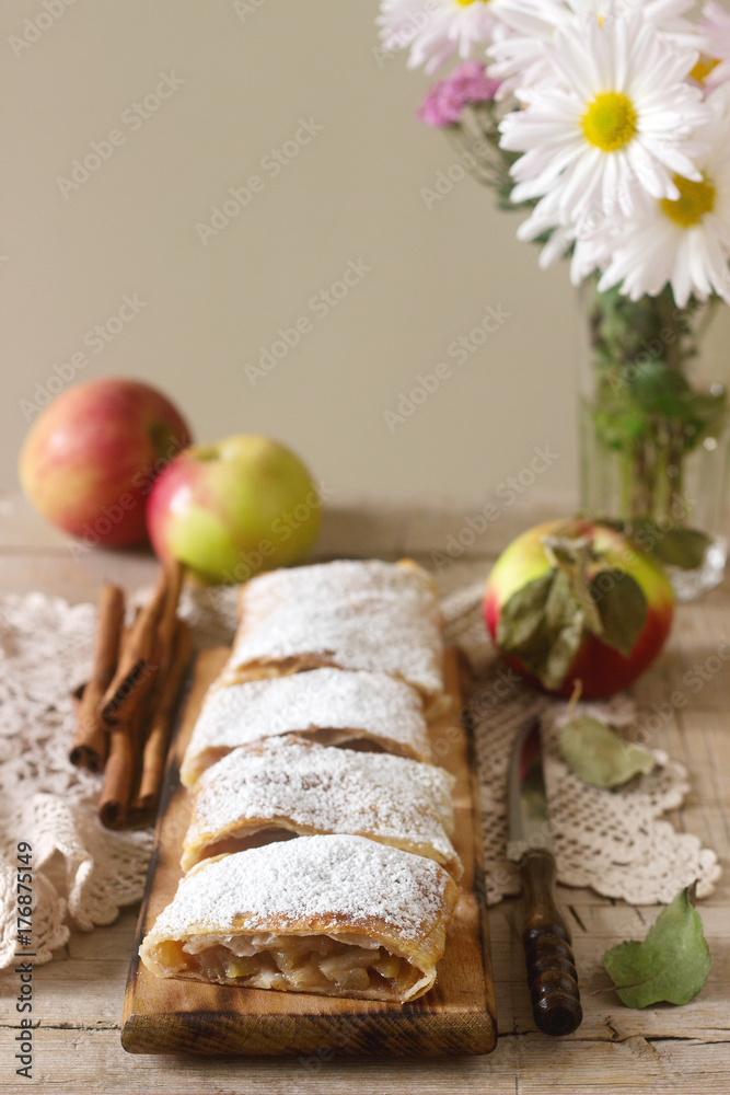 Homemade strudel with apples.