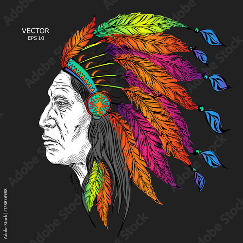 Man in the Native American Indian chief. Black roach. Indian feather headdress of eagle. Hand draw vector illustration