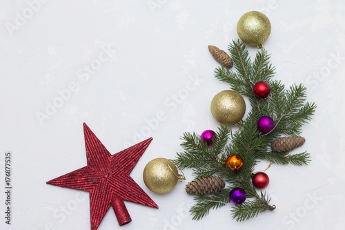 Christmas balls toys red spruce branches gold glitter new year decoration red star
