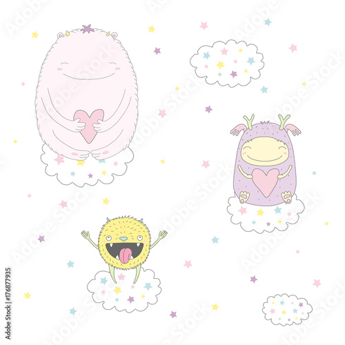 Hand drawn vector illustration of a cute funny smiling monsters, floating on clouds among the stars.