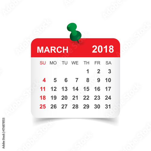 March 2018 calendar. Calendar sticker design template. Week starts on Sunday. Business vector illustration.