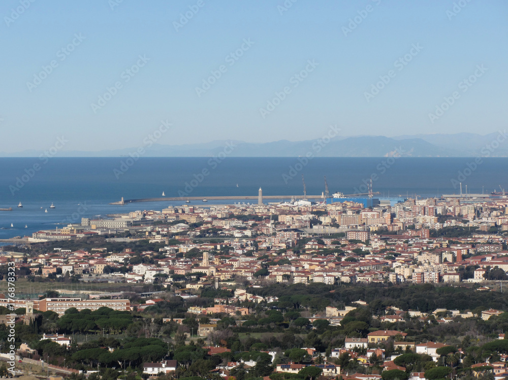 Spectacular aerial panorama of Livorno city made from the nearby hills of Montenero on sunny day. Tuscany, Italy