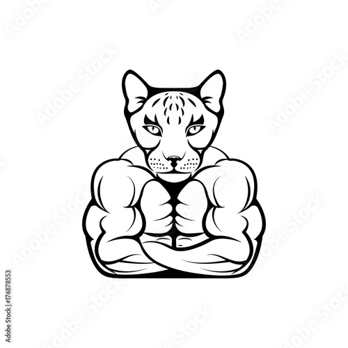 Vector fitness body with cat head, face  for retro logos, emblems, badges, labels template and t-shirt vintage design element. Isolated on white background