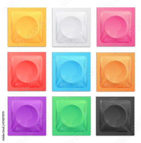 Realistic 3d Detailed Color Condoms Package Set. Vector