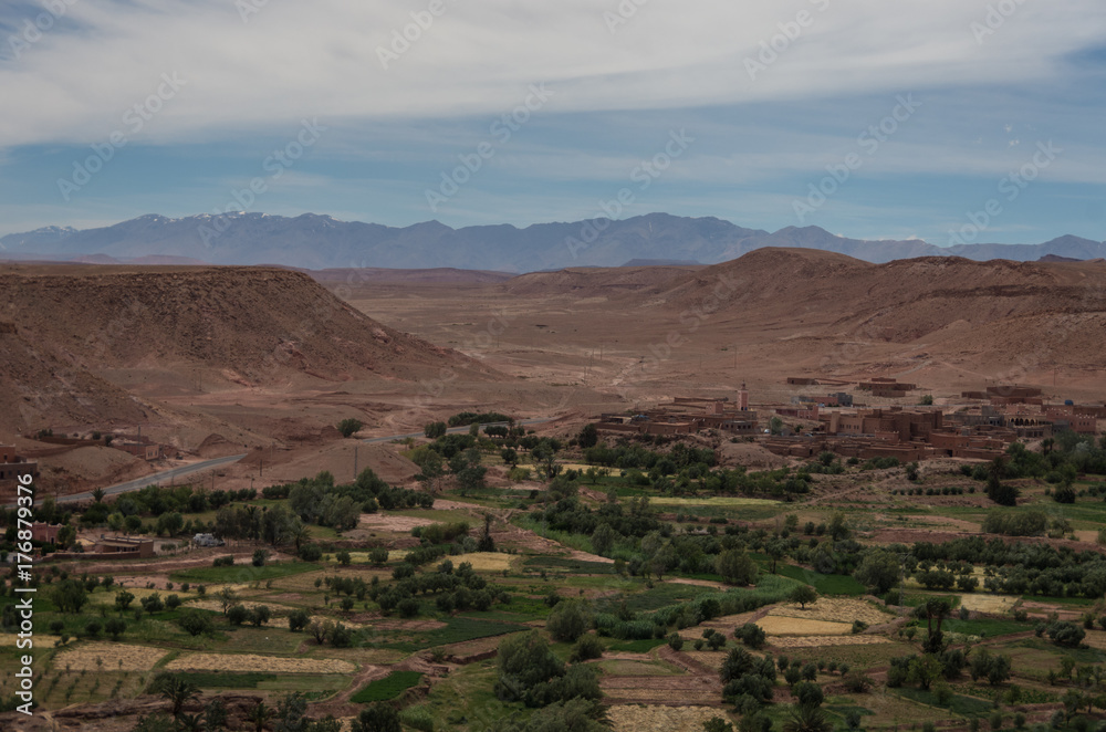 View of canyon of  Asif Ounila river near Kasbah Ait Ben Haddou in the Atlas Mountains of Morocco