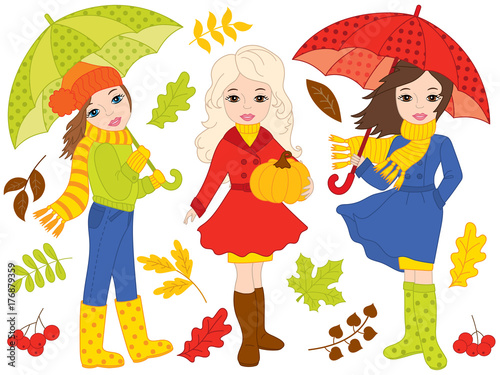 Vector Autumn Set with Beautiful Girls