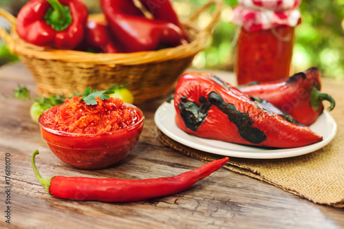 Ajvar in bowl with red paprika