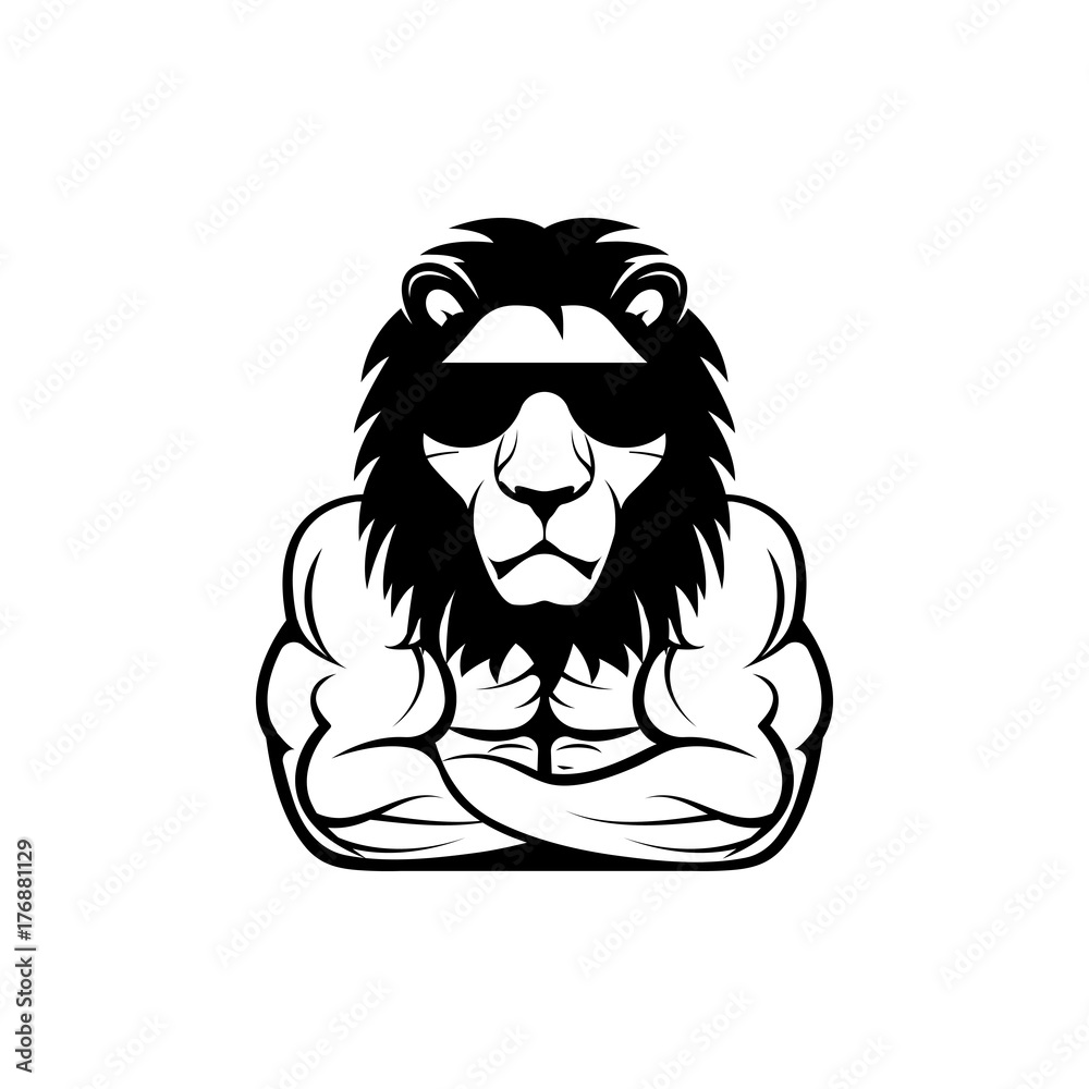 Vector fitness body with lion head, face  for retro logos, emblems, badges, labels template and t-shirt vintage design element. Isolated on white background