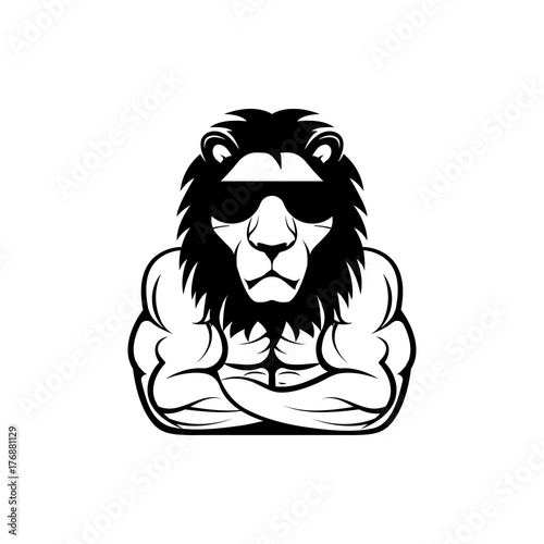 Vector fitness body with lion head, face  for retro logos, emblems, badges, labels template and t-shirt vintage design element. Isolated on white background