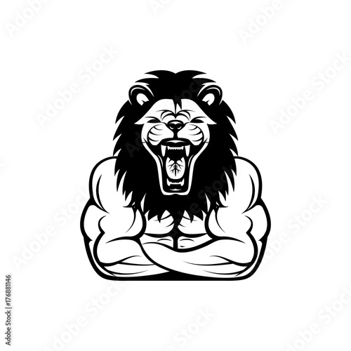Fototapeta Naklejka Na Ścianę i Meble -  Vector fitness body with lion head, face  for retro logos, emblems, badges, labels template and t-shirt vintage design element. Isolated on white background