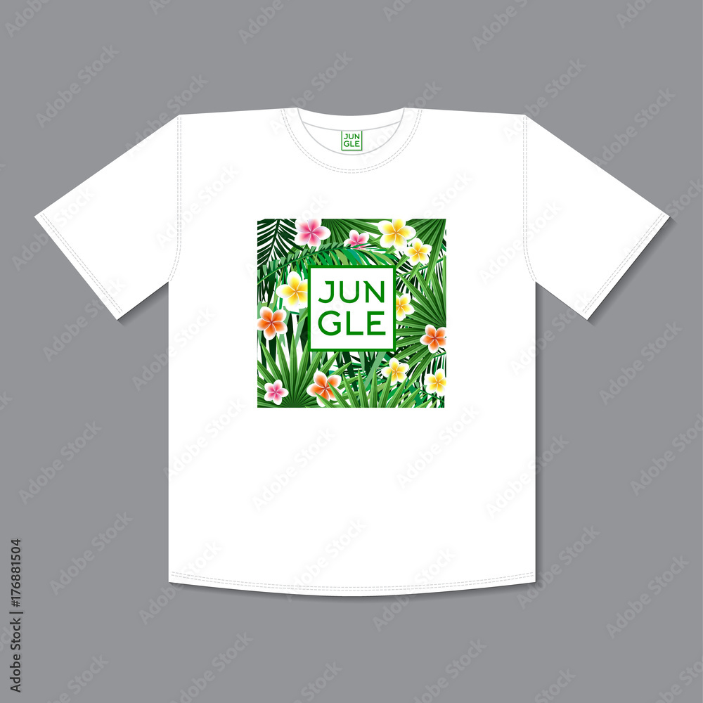 Jungle logo to print T-shirts. Palm leaves and exotic flowers on a white background. Jungle logo to print T-shirts. Palm leaves and exotic flowers on a white background.