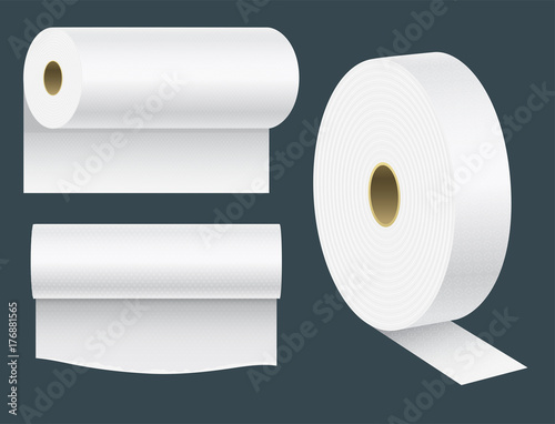 Realistic paper roll mock up set isolated vector illustration blank white 3d packaging kitchen towel template