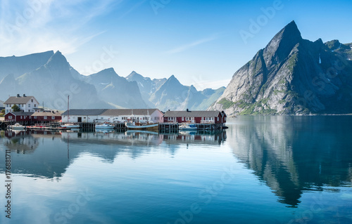 Scenic view from idyllic village with mountains at bright summer day in Hamnoy, Lofoten, Norway © Jani Riekkinen