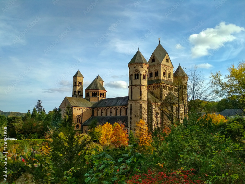 Old medieval benedictine Abbey in Maria Laach, Germany, first founded in 1093 - front view - obrazy, fototapety, plakaty 