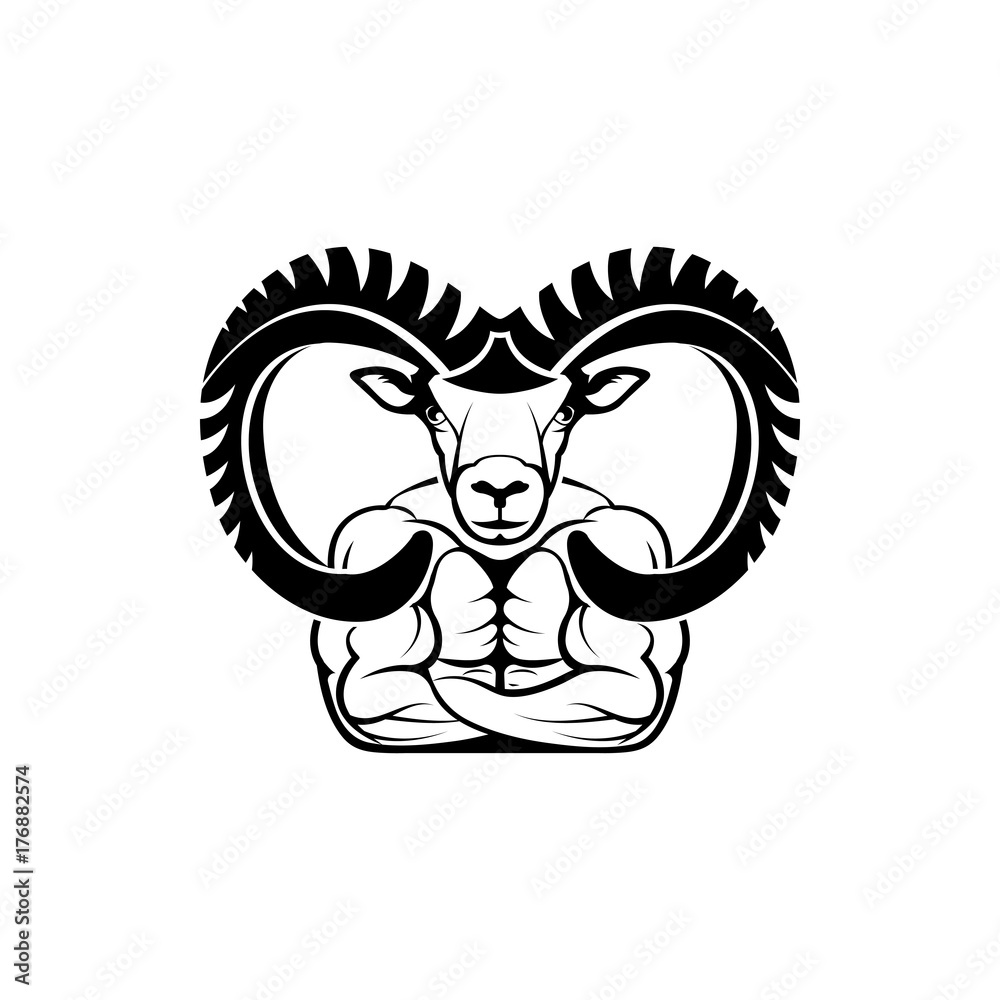 Vector fitness body with ram head, face for retro logos, emblems, badges, labels template and t-shirt vintage design element. Isolated on white background Vector fitness body with ram head, face for retro logos, emblems, badges, labels template and t-shirt vintage design element. Isolated on white background
