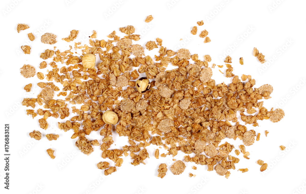 Crunchy granola, muesli pile with nuts isolated on white background, top view