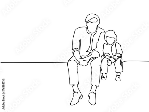 Continuous line drawing. Father and son sitting together. Vector illustration Total editable, choose thickness and place of line