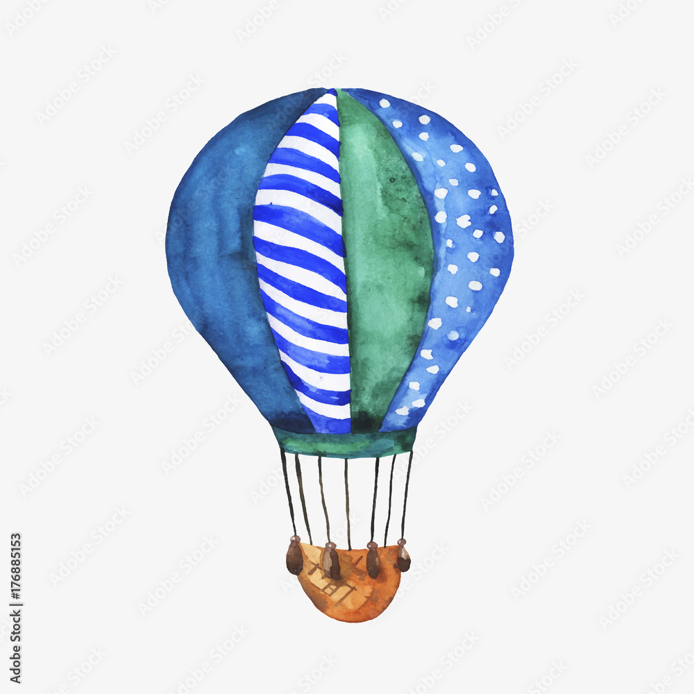 Fototapeta premium Blue hot air balloon isolated on white background. Hand drawn watercolor vector illustration.