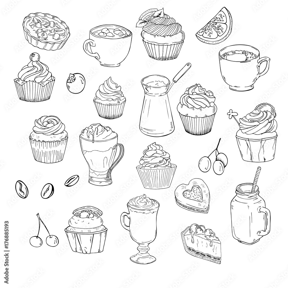 Set of cupcakes, cups of coffee, cocoa or hot chocolate, pies and tarts isolated on white background. Hand drawn vector illustration.