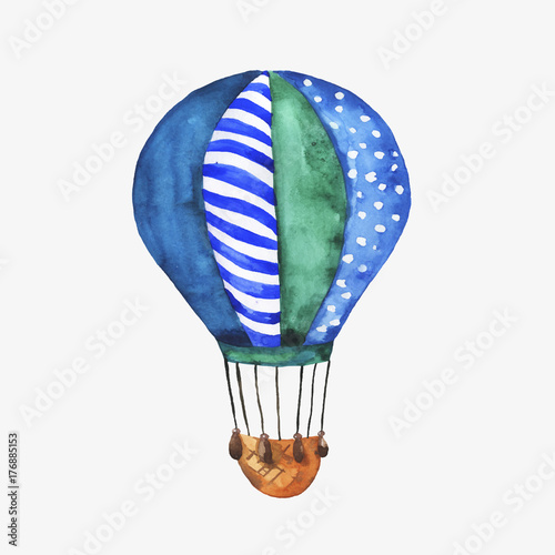 Blue hot air balloon isolated on white background. Hand drawn watercolor vector illustration.